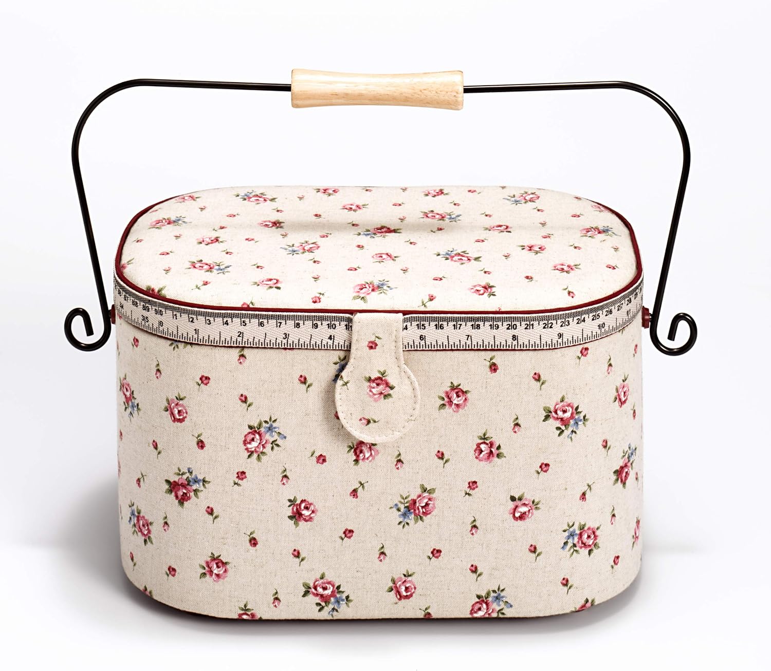 Prym Nähkorb Country Rose mit Griff, Leinen/Metall/Holz, elfenbeinfarben, L, 30 x 20,5 x 19 cm