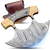 Handmade Damascus Steel Alaskan Ulu Knife – Curved Rocker Blade with Leather Sheath | Sharp Chopper for Meat, Fish, Vegetables, Herbs & Cheese | Wooden Handle Mincing & Butcher Knife