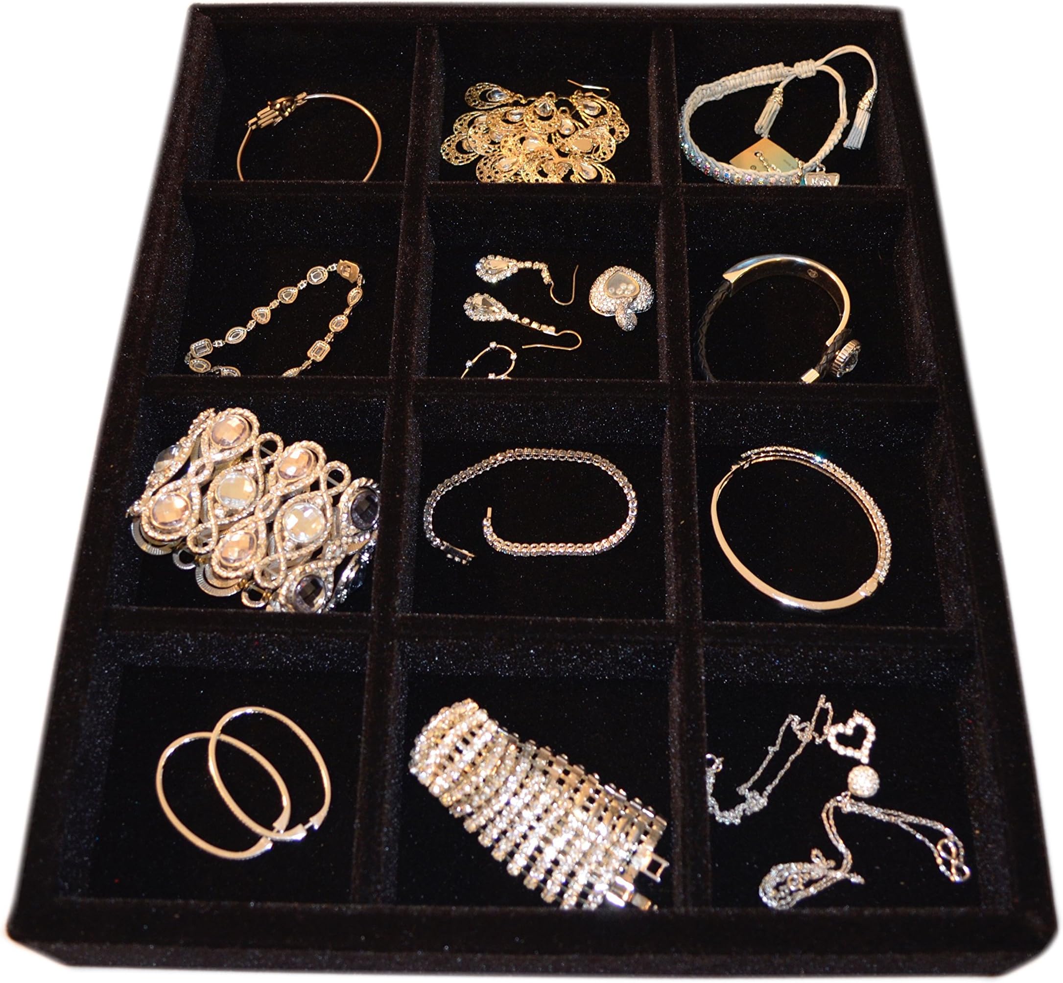 Jewelry Organizer, Wood and Velvet Tray Organizer for Jewels, Rings, Necklaces, Bracelets, 12 Compartments, Protects Jewelry, Drawer Insertable, Stackable, Light and Durable, made In USA