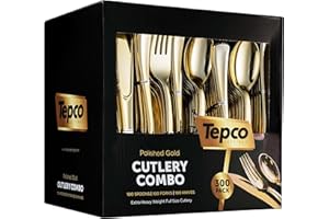TEPCO SETTINGS 300 Gold Disposable Plastic Flatware Set - 100 Forks, 100 Spoons, 100 Knives - Heavy Duty Silverware for Party Bulk