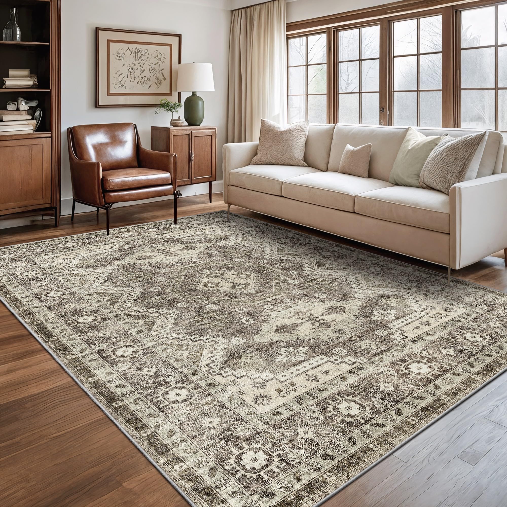 Photo 1 of Rugland 6x9 Rug - Stain Resistant Washable Rug, Anti Slip Backing Rugs for Living Room, Vintage Tribal Area Rugs (TPR07-Ivory, 6'x9')