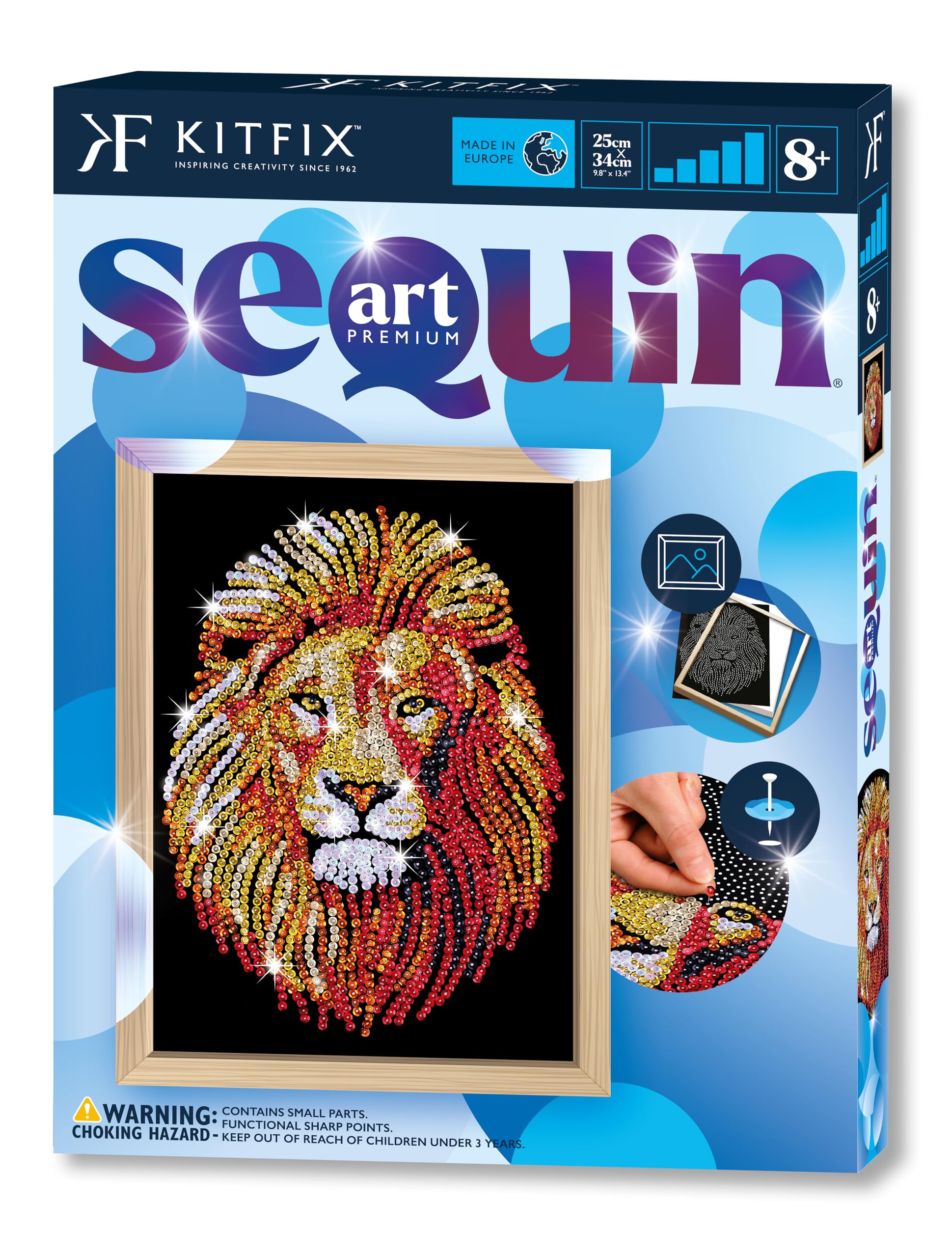 Kitfix - Sequin Art Lion with Wooden Frame - 27 x 36cm - Sequin Art Blue Premium - Creative Set - Craft Kit for Adults, Teenagers and Children Aged 8+ - 1207