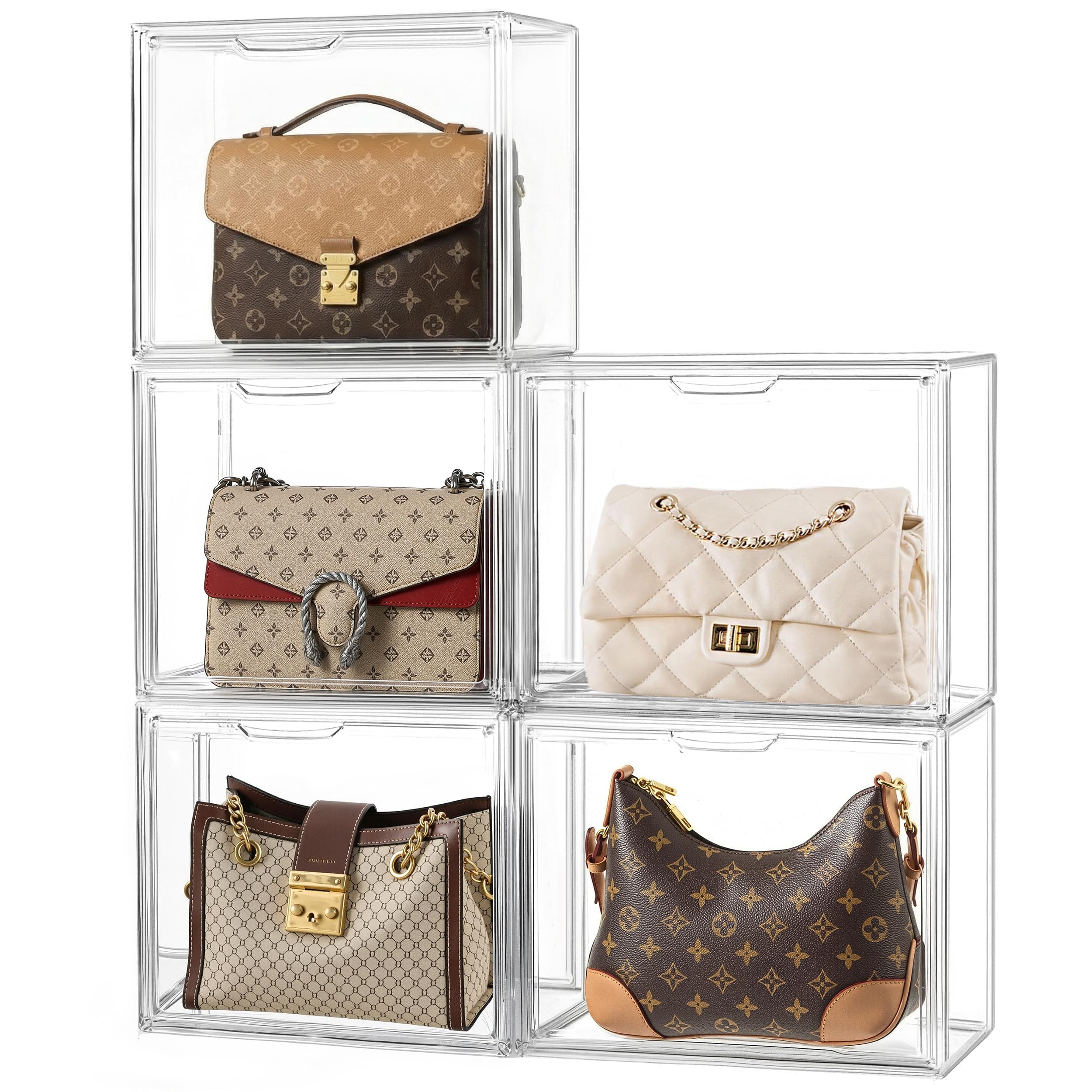 Photo 1 of HBlife 5 Pack Purse Storage Organizer for Closet, Large Clear Stackable Handbag Display Case Box with Magnetic Door for Collectibles, Cosmetics, Women Heels and Toys