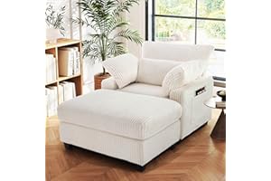 Hanherry 57.6" D Chaise Lounge Chair Indoor with Ottoman, Corduroy Lounge Sleeper Sofa Chair, Comfy Reading Chair with Double-Sided Armrest and Lumbar Support for Bedroom, Living Room, Office(Beige)