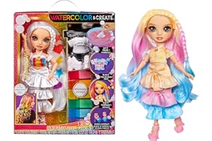 Rainbow High Watercolor & Create Fashion DIY Doll with Washable Watercolors + Tie-Dye Kit, Brown Eyes, Curled Hair, Bonus Top