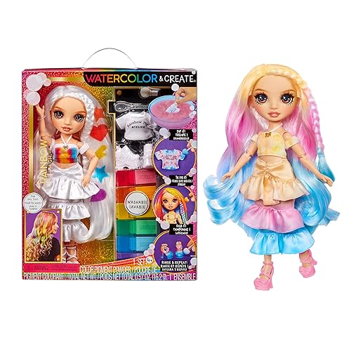 Rainbow High Watercolour & Create DIY Fashion Doll with Washable Watercolours and Tie-Dye Kit - Brown Eyes, Curled Hair, Extra Top & Shoes - Colour, Create, Play, Rinse and Repeat - Kids 4-12+ Years