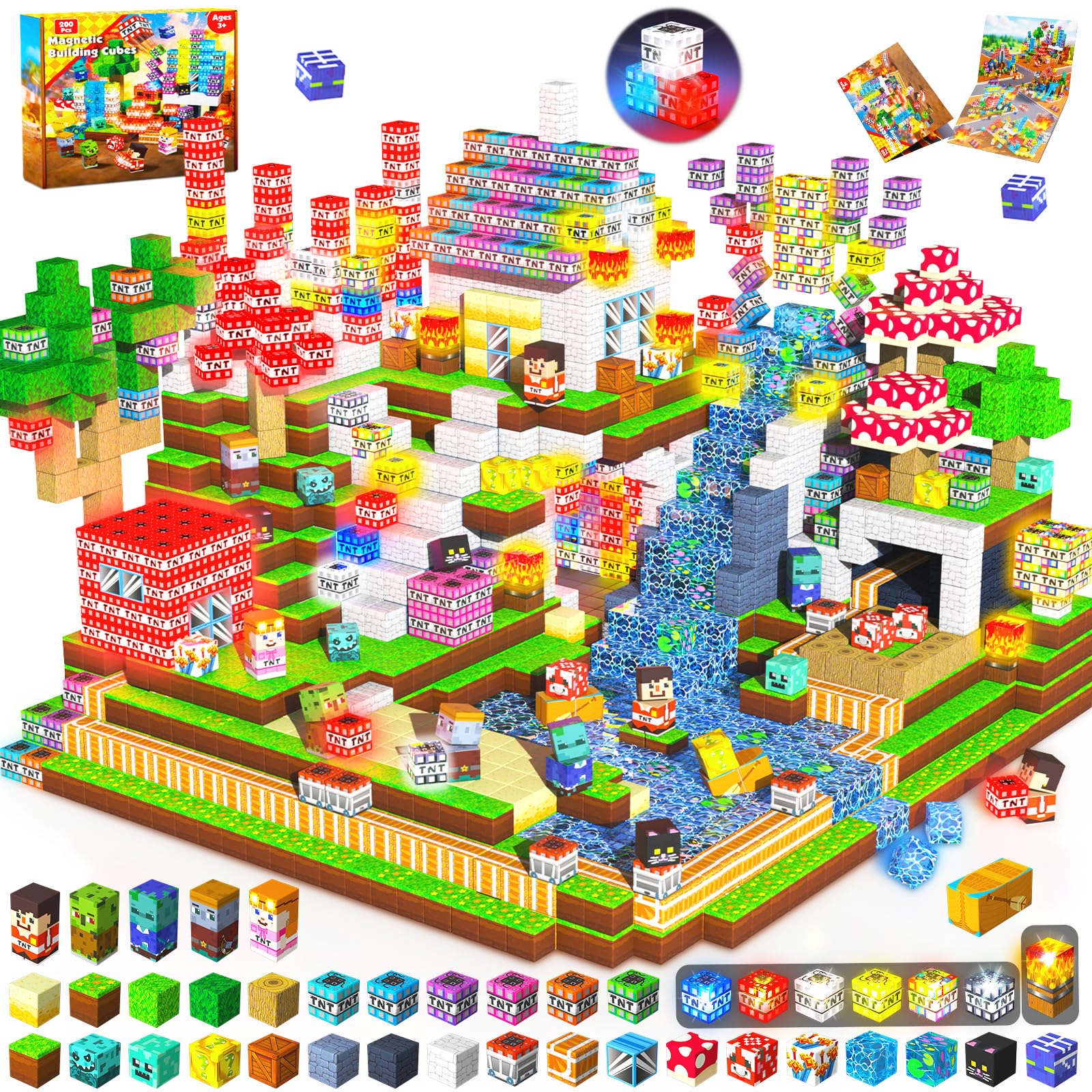 Magnetopia Magnetic Building Blocks - 200PCS Magnetic Blocks Cubes Colour Burst Flashing Cubes, Stacking Tiles STEM Montessori Sensory Toys for Kids Boys Girls Ages 3 4 5 6 7 8 9 10 Birthday Gifts