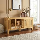 Christopher Knight Home Concun Large Dog Crate Furniture with Breathable Rattan Doors, Rubber Wood Kennel Indoor, Heavy Duty Dog Crate, Multifunctional 2-in-1 Living Room Storage Cabinet, Natural