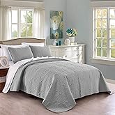 Pure Bedding Quilt Set Full/Queen Size Light Grey - Oversized Bedspread - Soft Microfiber Lightweight Coverlet for All Season - 3 Piece Includes 1 Quilt and 2 Shams, Geometric Pattern