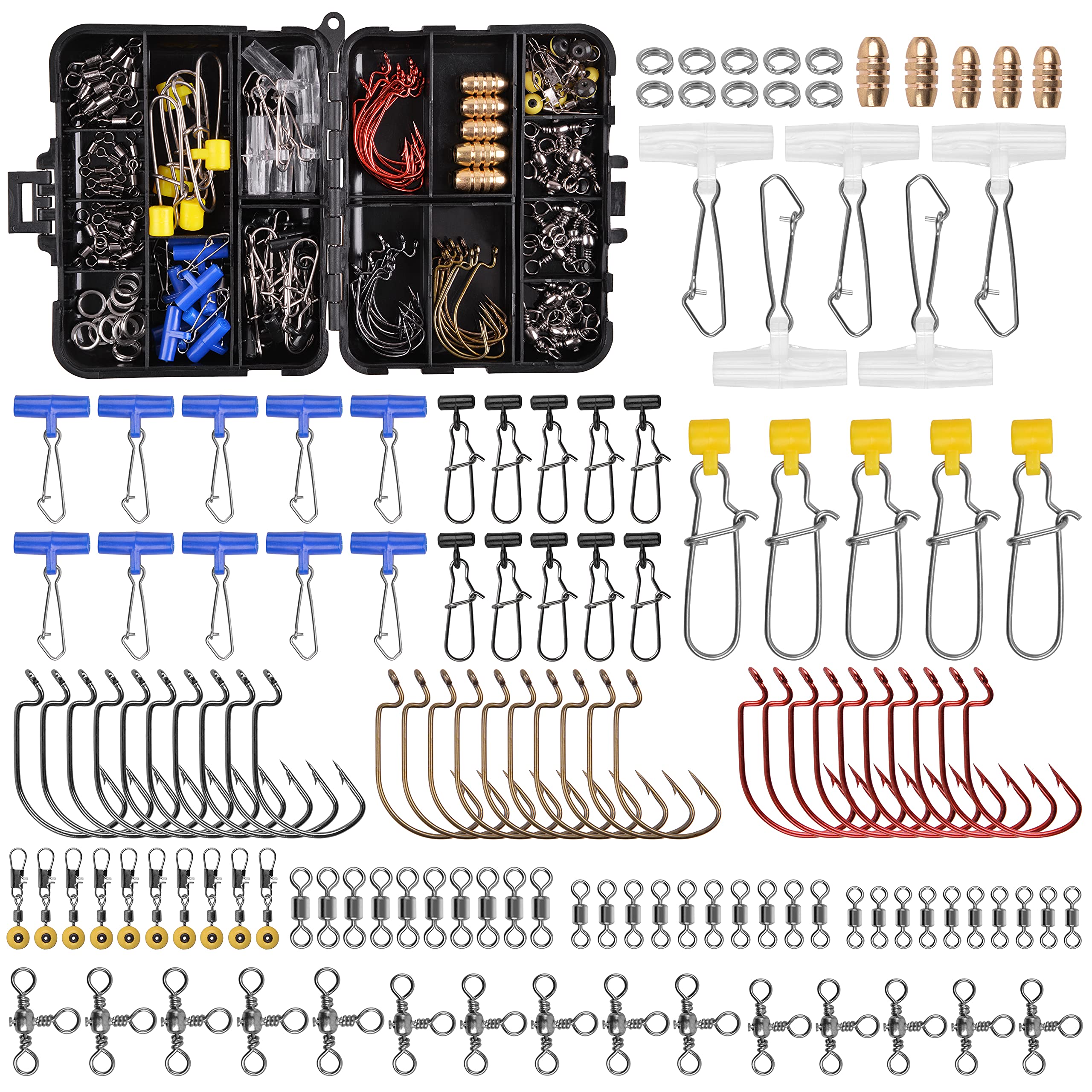 130pcs Fishing Swivel Snaps Kit Sea Fishing Accessories Tackle Kit Including Jig Hooks, Brass Copper Sinker Weights, Swivels Snaps, Sinker Slides, Saltwater Gears Set with Box