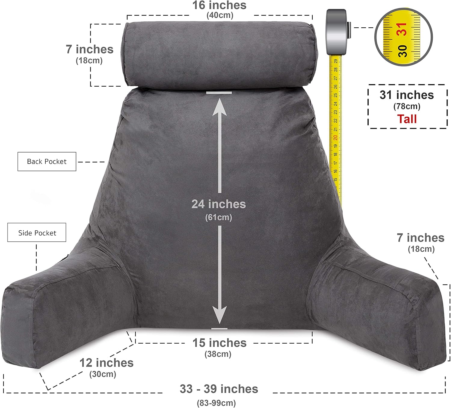 Husband Pillow, Aspen Edition - Reading and Bed Rest Pillow with Arms - Neck Roll on Bungee Cord or Removable - Premium Memory Foam - Reversible Two-Sided Cover Microsuede or Microfiber, Iron Grey: Home & Kitchen