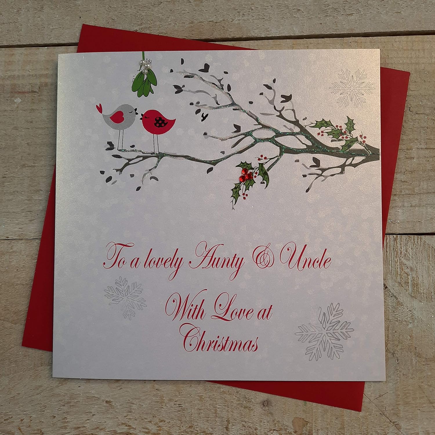 White Cotton Cards Aunty & Uncle With Love, Handmade Christmas Card. (Robins, code xx14-107), 16CM X 16CM