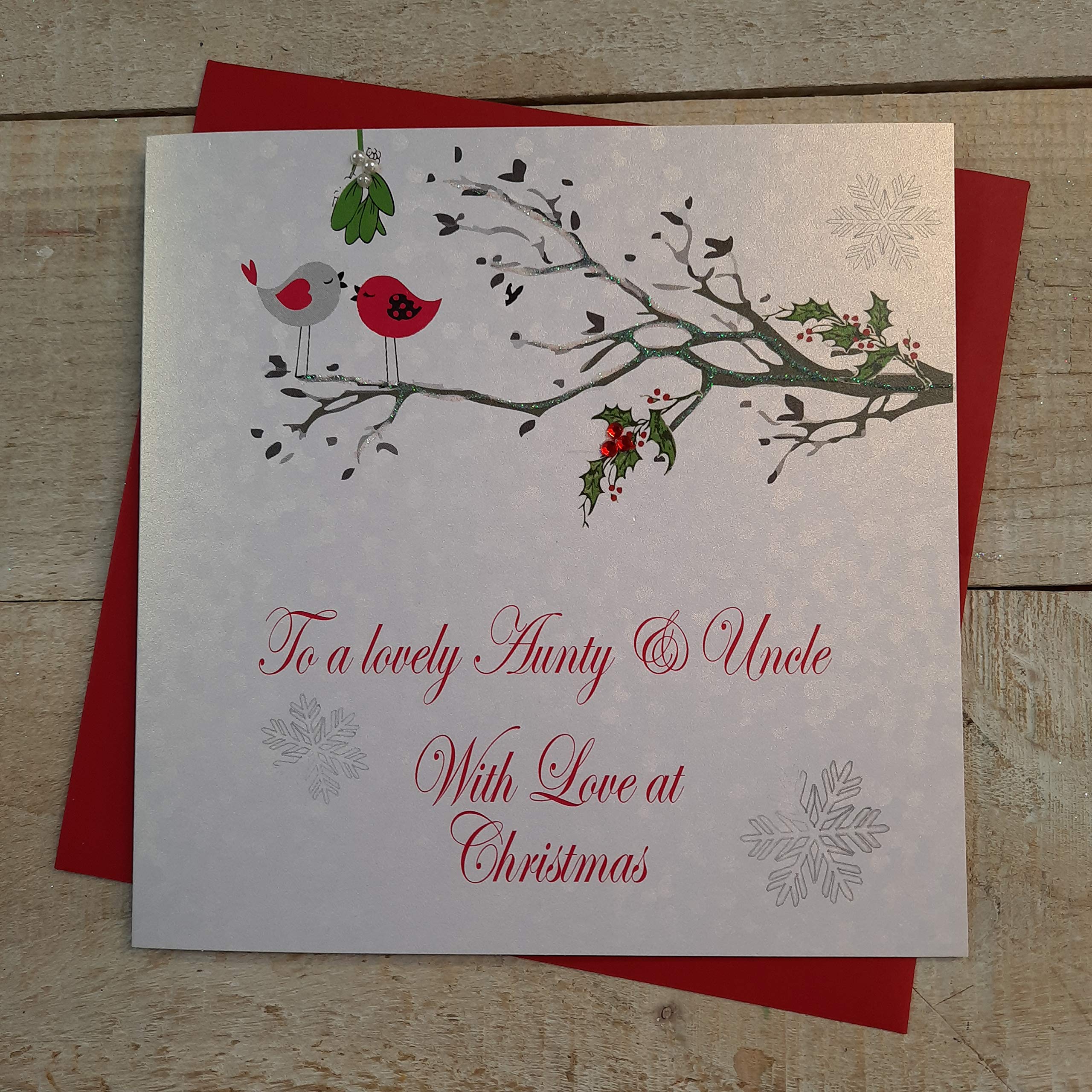 White Cotton Cards Aunty & Uncle With Love, Handmade Christmas Card. (Robins, code xx14-107)