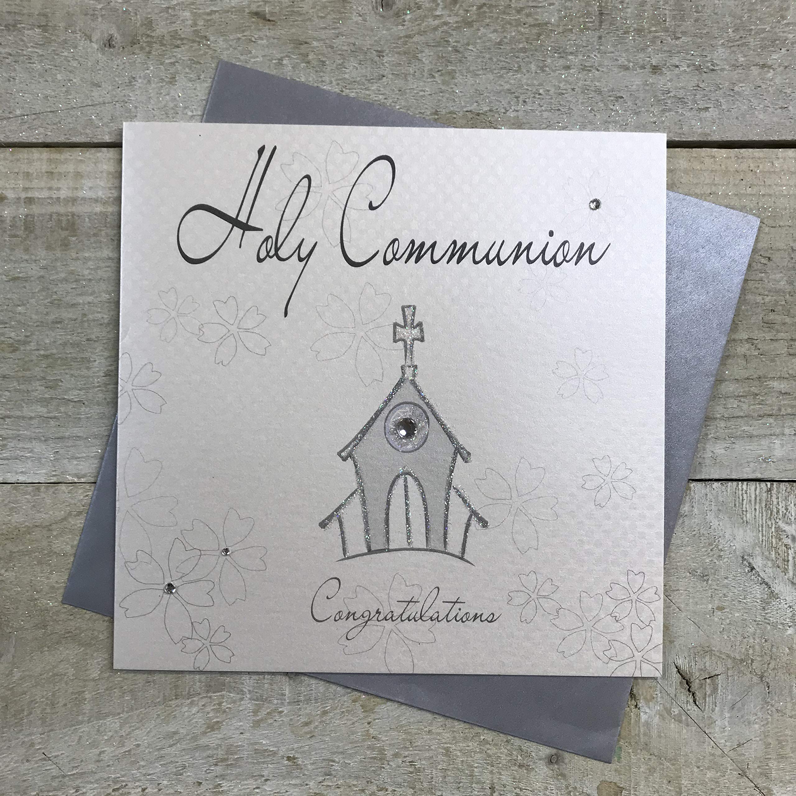 WHITE COTTON CARDS Holy Communion Congratulations Handmade Card, Silver Church, WB104,16cm x 16cm