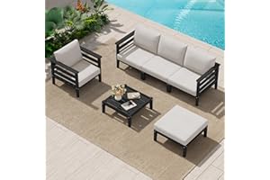 SERWALL HDPE Patio Furniture Set, 6 Pieces Outdoor Sectional Sofa Set, All-Weather Wood-Like Outdoor Sofa Couch with Coffee Table for Deck, Lawn, Black Frame with Khaki Cushion
