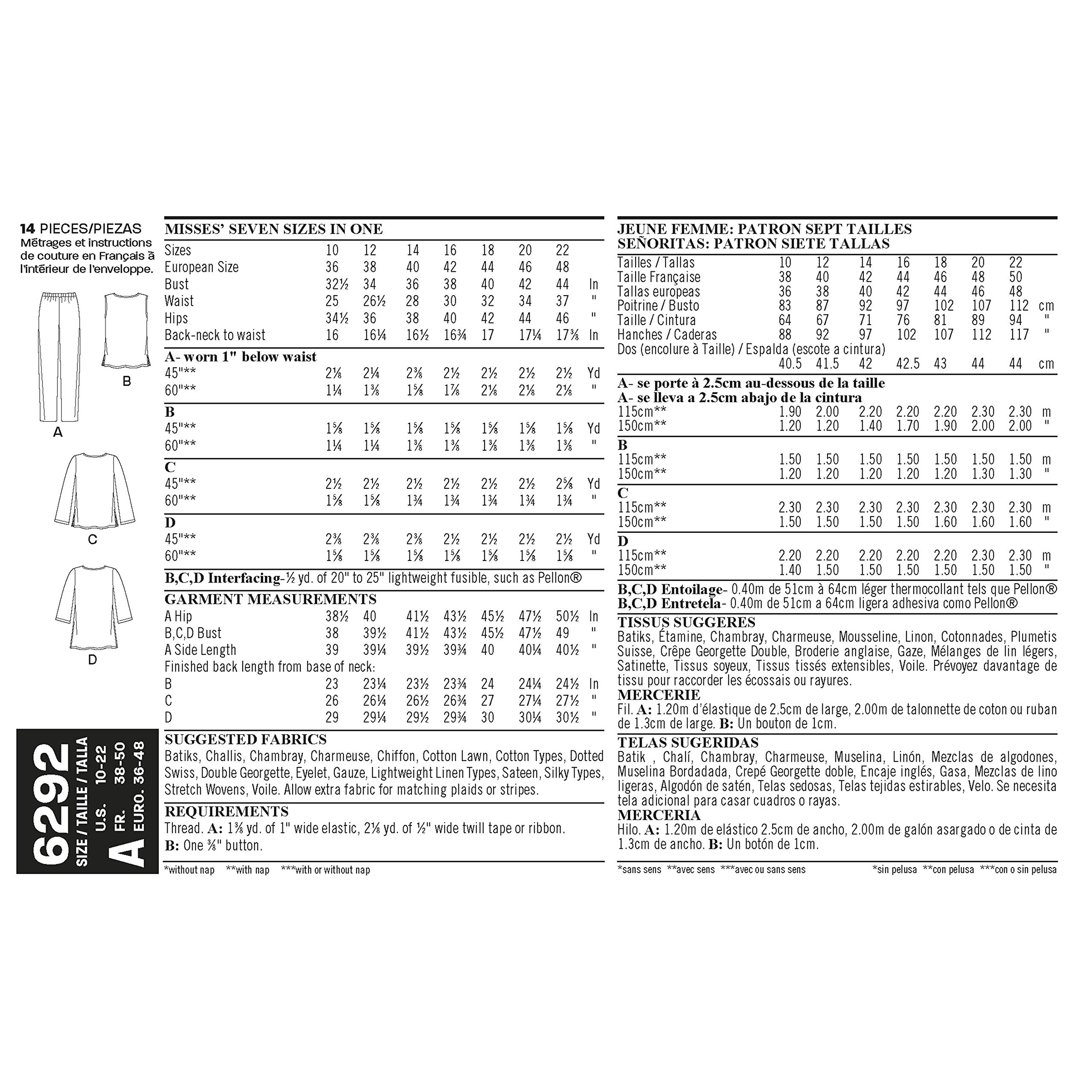 New Look sewing pattern 6292: Misses' Tunic or Top and Pull-on Pants, Paper, WHITE, Size: A (10-12-14-16-18-20-22)