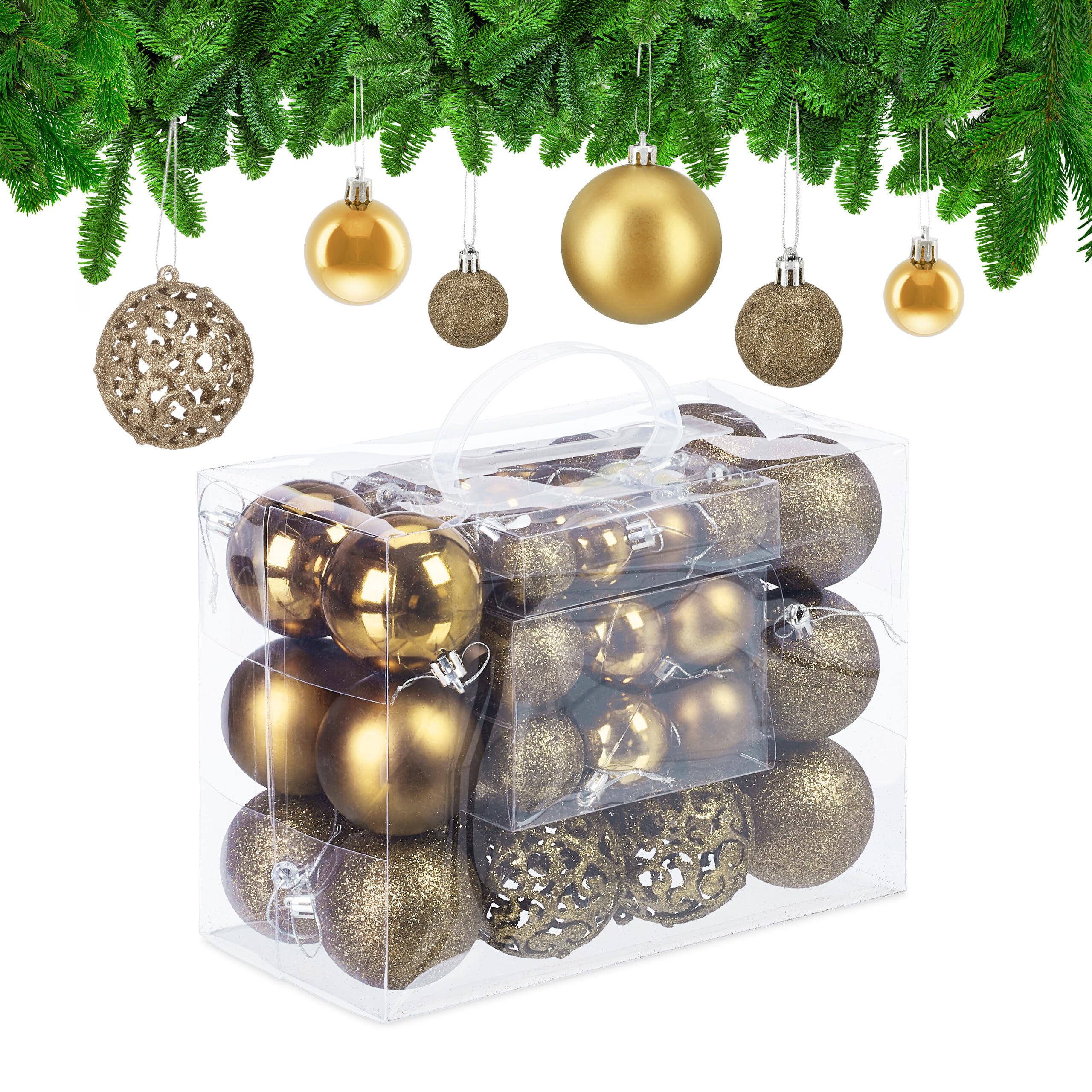 Relaxdays Christmas Bauble Set of 50, Glittery, Matt & Shiny Ornaments, Plastic Xmas Tree Balls, Ø: 3, 4 & 6 cm, Gold