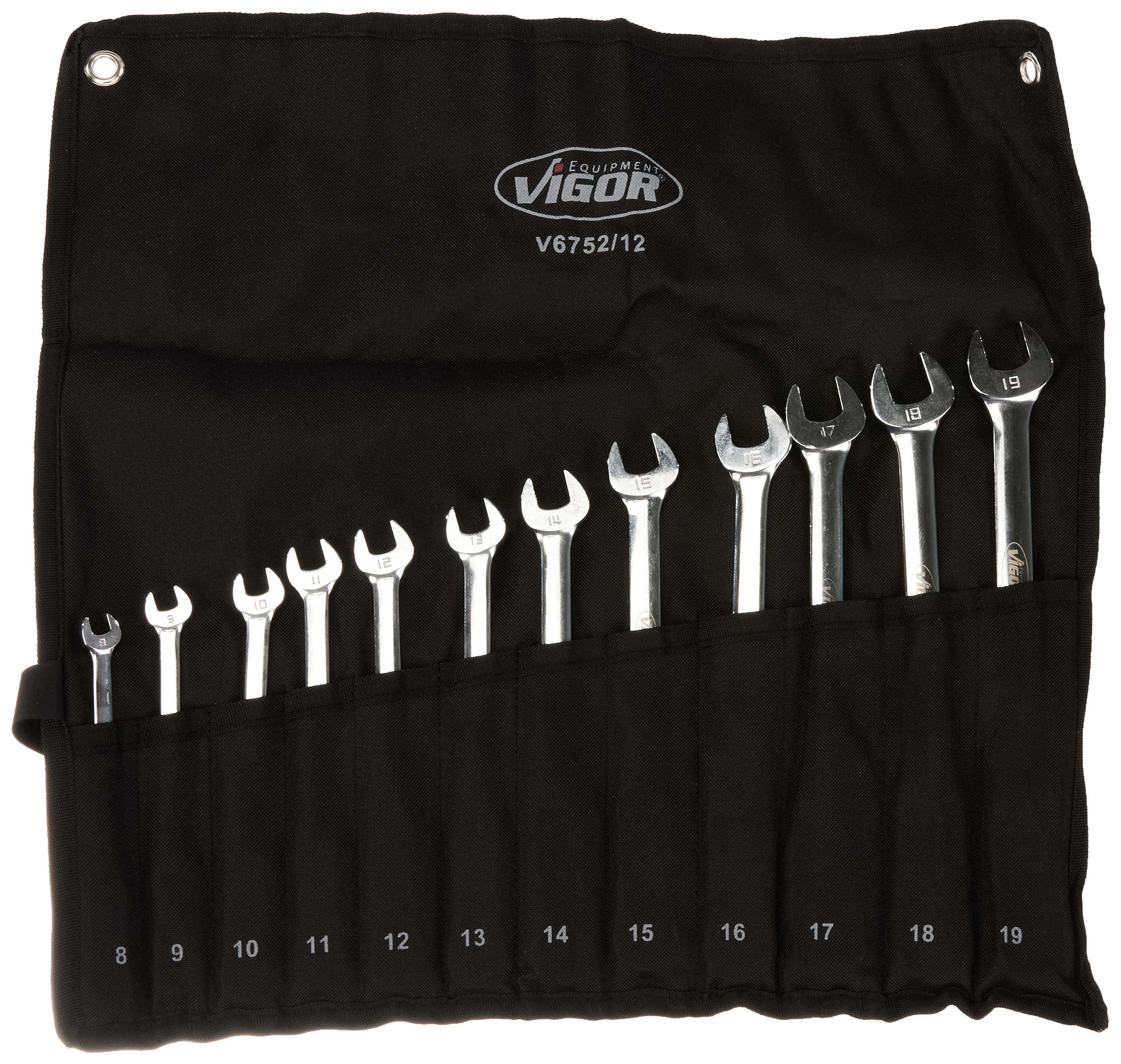 Vigor V6752/12 Ratchet Ring Spanner Set (Double Joint, Fine Toothed Ratchet Mechanism on The Ring Side 12 Pieces in Practical Rolling Bag) Silver