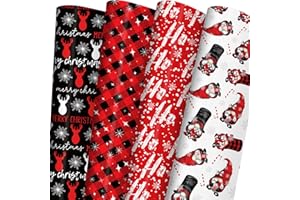ZINTBIAL Christmas Wrapping Paper for Kids Adults - Xmas Wrapping Paper with Red/Black Plaid, Reindeer, Gnome, “Ho Ho” Words - 28 x 40 Inches, 6 Jumbo Sheets, Easy to Store
