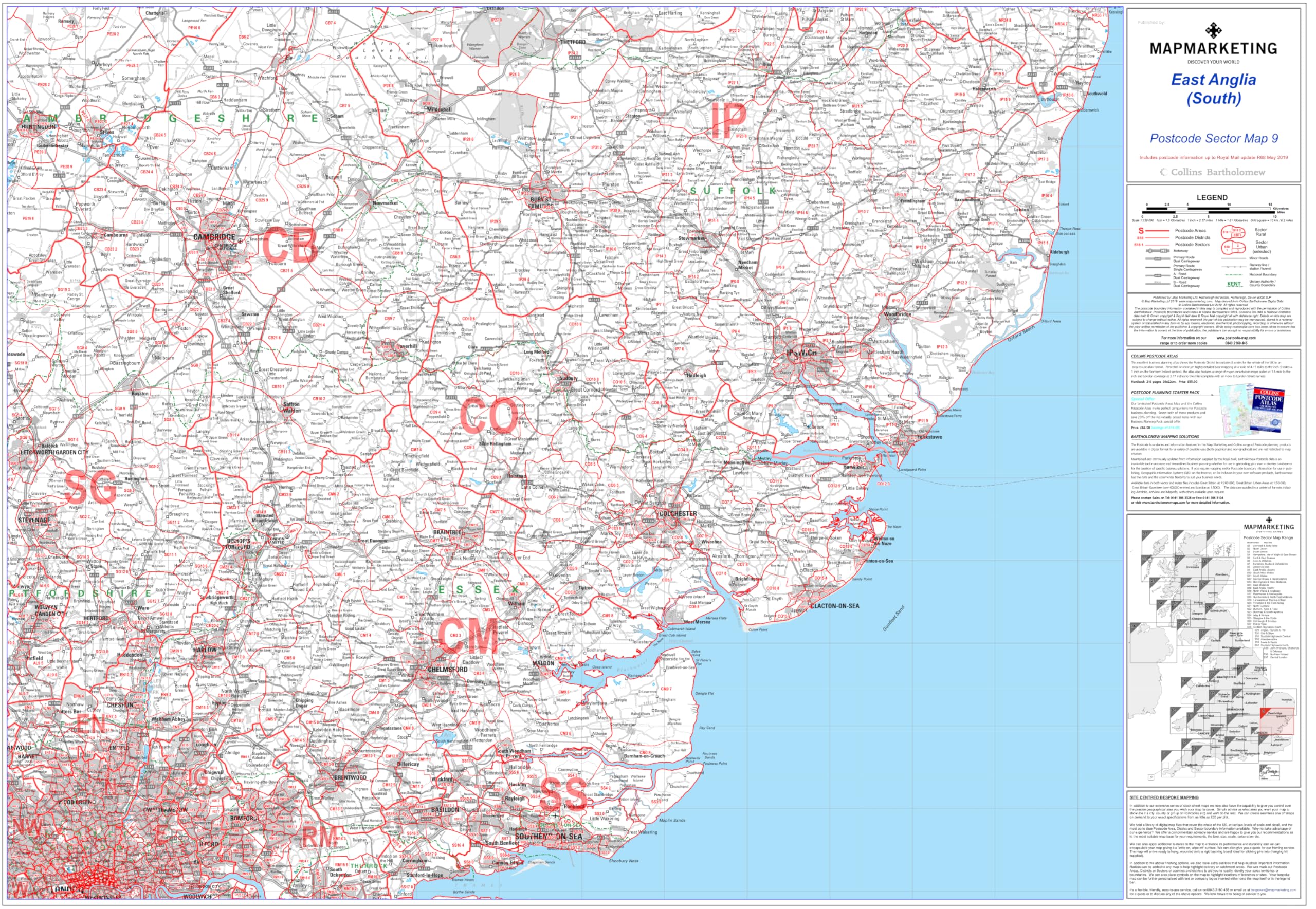 East Anglia Postcode Sector Wall Map- Postcode Sector Map 9 - Laminated Wall Map With Motorway, A' Roads, B' Roads, City Plans, Area, District, Sectors