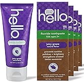 Hello Juicy Grape Flavor Kids Fluoride Toothpaste, Anticavity, Vegan, SLS Free, Gluten Free, for Ages 2 and Up, 4.2 Ounce (Pa