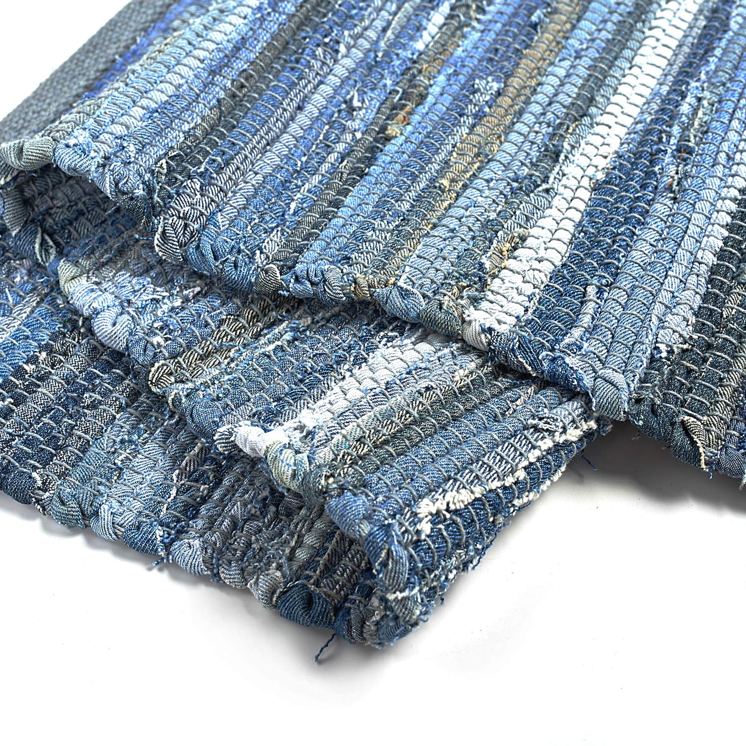 MOTINI Hand Woven Denim Reversible Laundry Room Kitchen Rag Rug Washable Recycled Thick Cotton Contemporary Blue Striped Floor Entryway Throw Rug for Bathroom,2\'×3\'