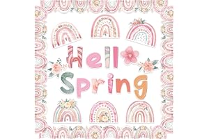 CY2SIDE Spring Boho Rainbow Cutouts - 98PCS Hello Spring Bulletin Board Set for Classroom Decorations Bohemian Rainbow Pink Flower Cardboard Trim Border Springtime Watercolour Floral Cutout for School