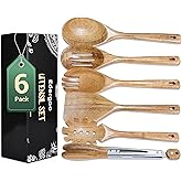 Edergoo Wood Cooking Utensils Set, 6 PCS Wooden Spoons for Cooking Includes Stainless/Wood Kitchen Tong, Natural Non-Stick Wooden Utensil Set with Non-Slip Notch Design & Hanging Hole