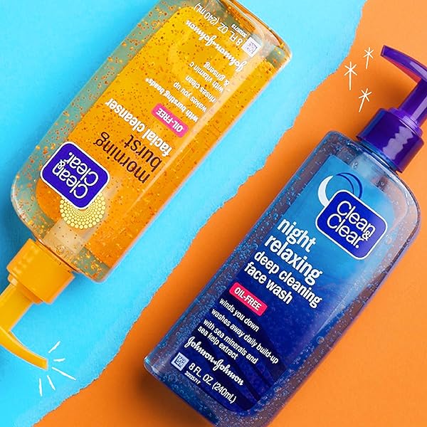 CLEAN & CLEAR 2-PACK DAY AND NIGHT FACE CLEANSER CITRUS MORNING BURST FACIAL CLEANSER WITH VITAMIN C AND CUCUMBER, RELAXING NIGHT FACIAL CLEANSER WITH SEA MINERALS, OIL NO & HYPOALLERGENIC FACE WASH
