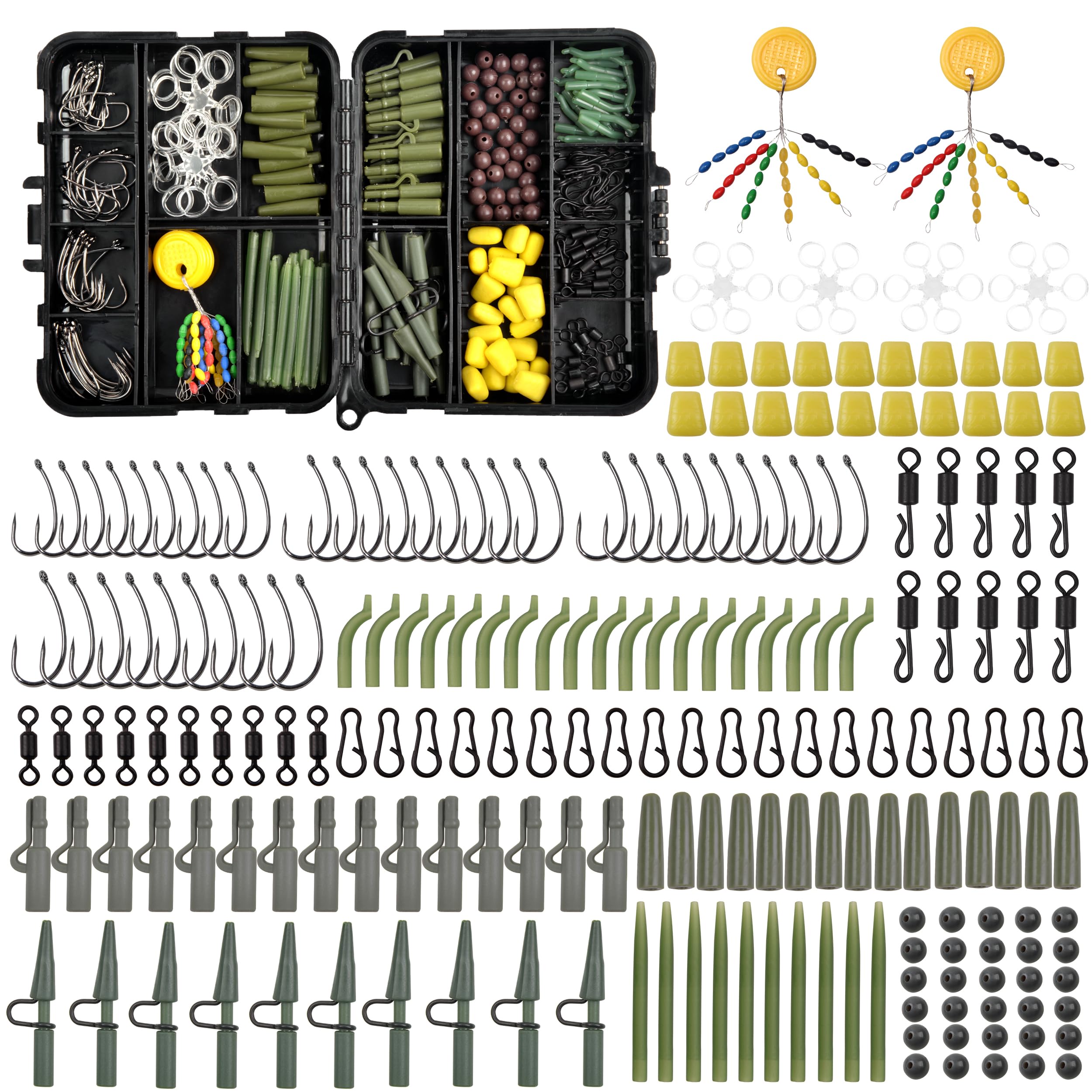 Carp Fishing Rig Making Kit Terminal Tackle Set - 216pcs Including Hooks Quick Change Swivels Safety Clips Beads Corns with Tackle Box (216pcs/box)