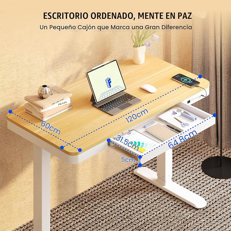 Secretária relevível 120x60 cm, Gaveta, USB-C, Tranca para Crianças