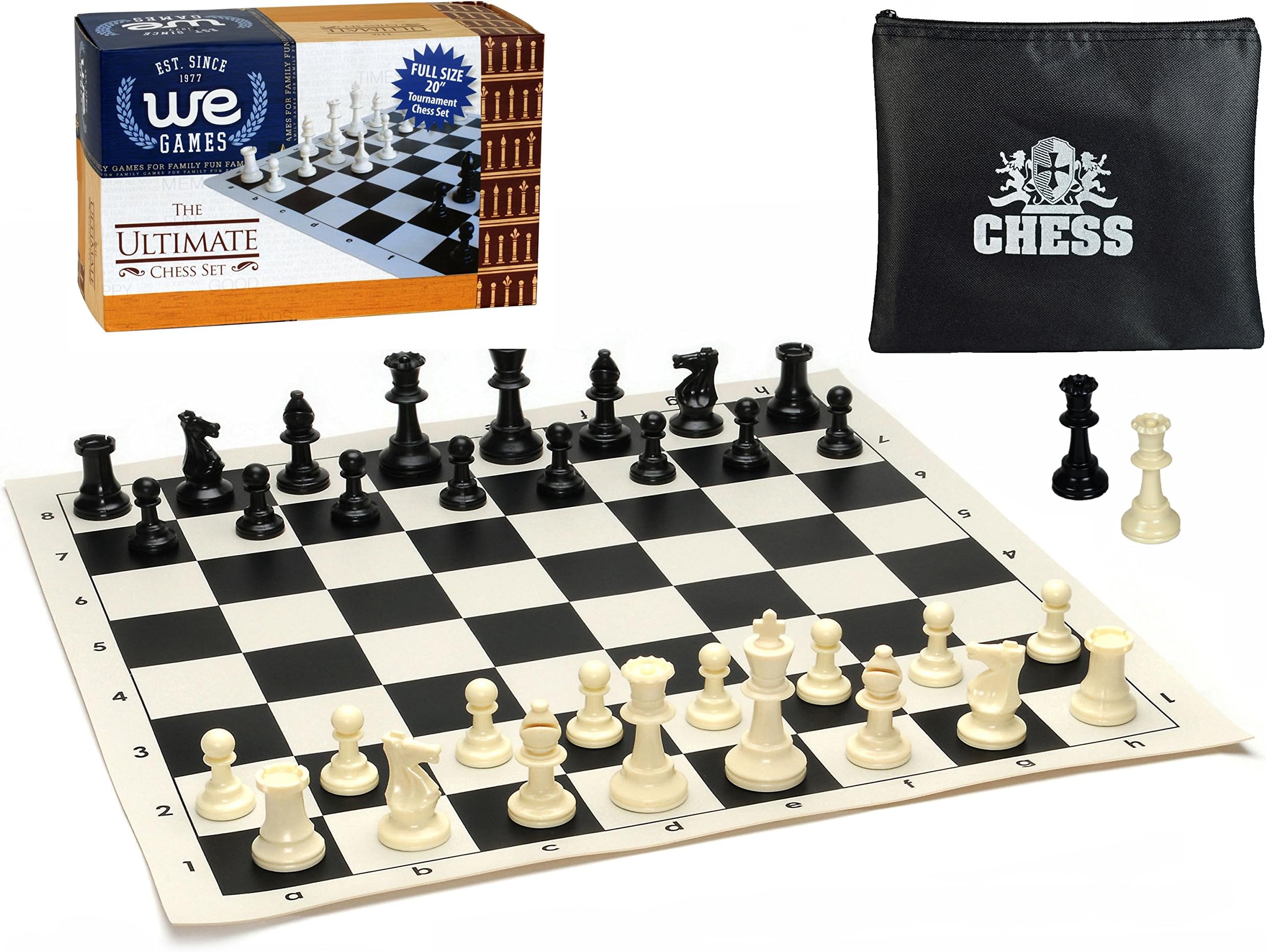 We Games Compact Tournament Chess Set with Black Silicone Chess Board & Plastic Tournament Pieces with 3 3/4 in. King, 20 in. Board