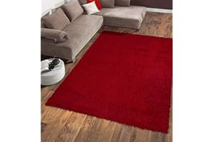 OTTOMANSON Indoor Solid Design Jute Back 5x7 Soft Shag Area Rug for Bedroom, Living Room, Dining Room, Office, 5'3" x 6'11", Red