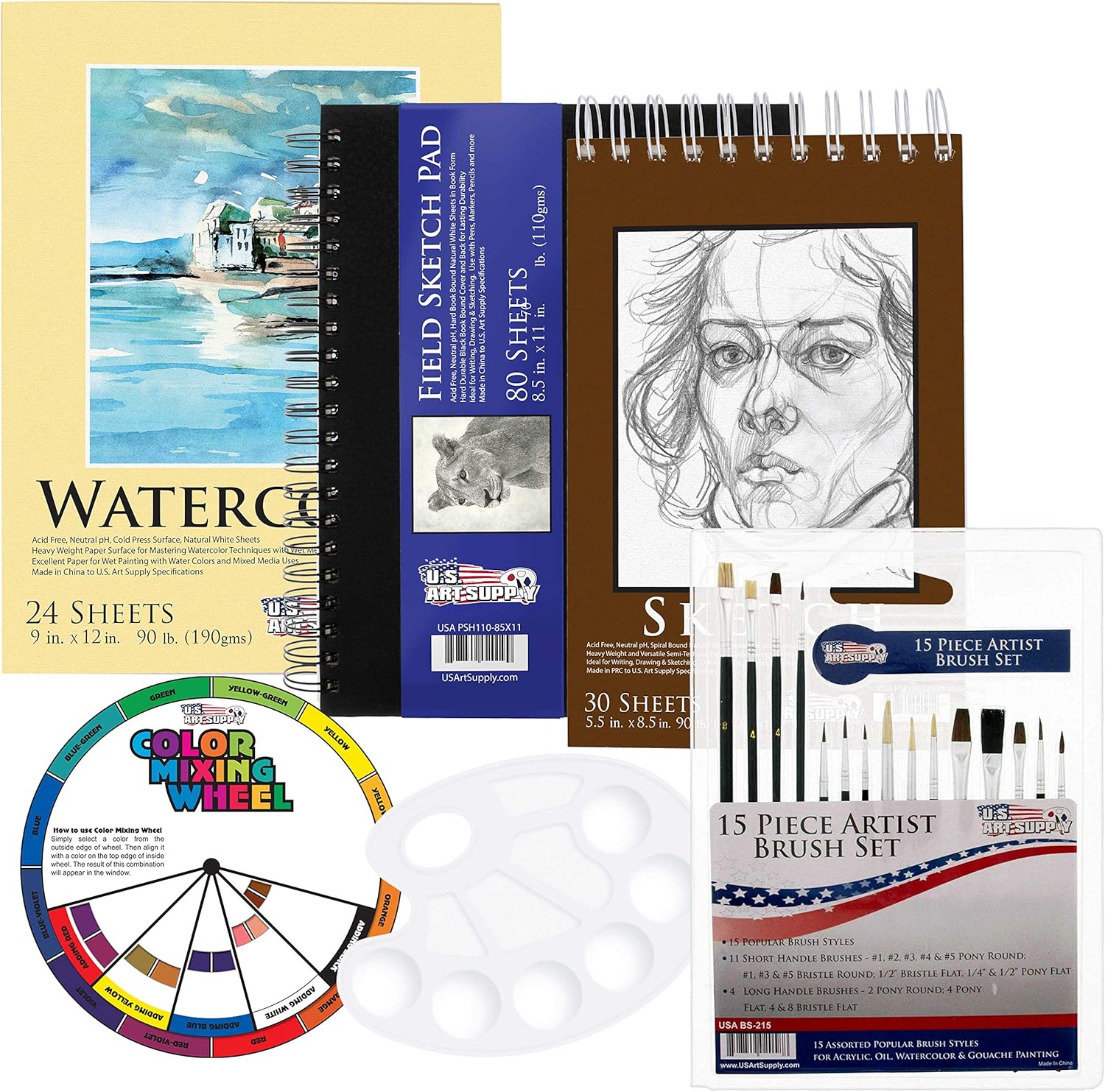 US Art Supply 20 Piece Artist Drawing, Sketch and Painting - Paper and Brush Accessory Pack
