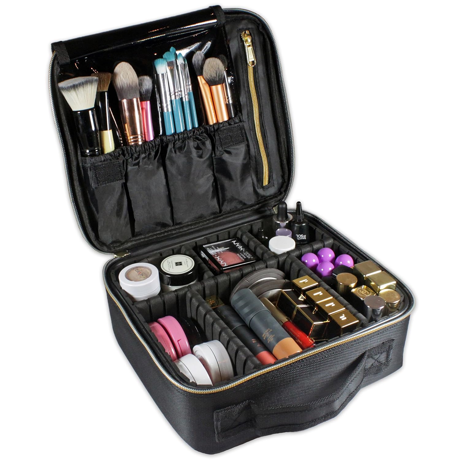 Travel Makeup Train Case Organizer Bag, Portable Cosmetic Case Artist Storage Bag with Adjustable Dividers for Cosmetics & Makeup Brushes or Toiletries (Jet Black)