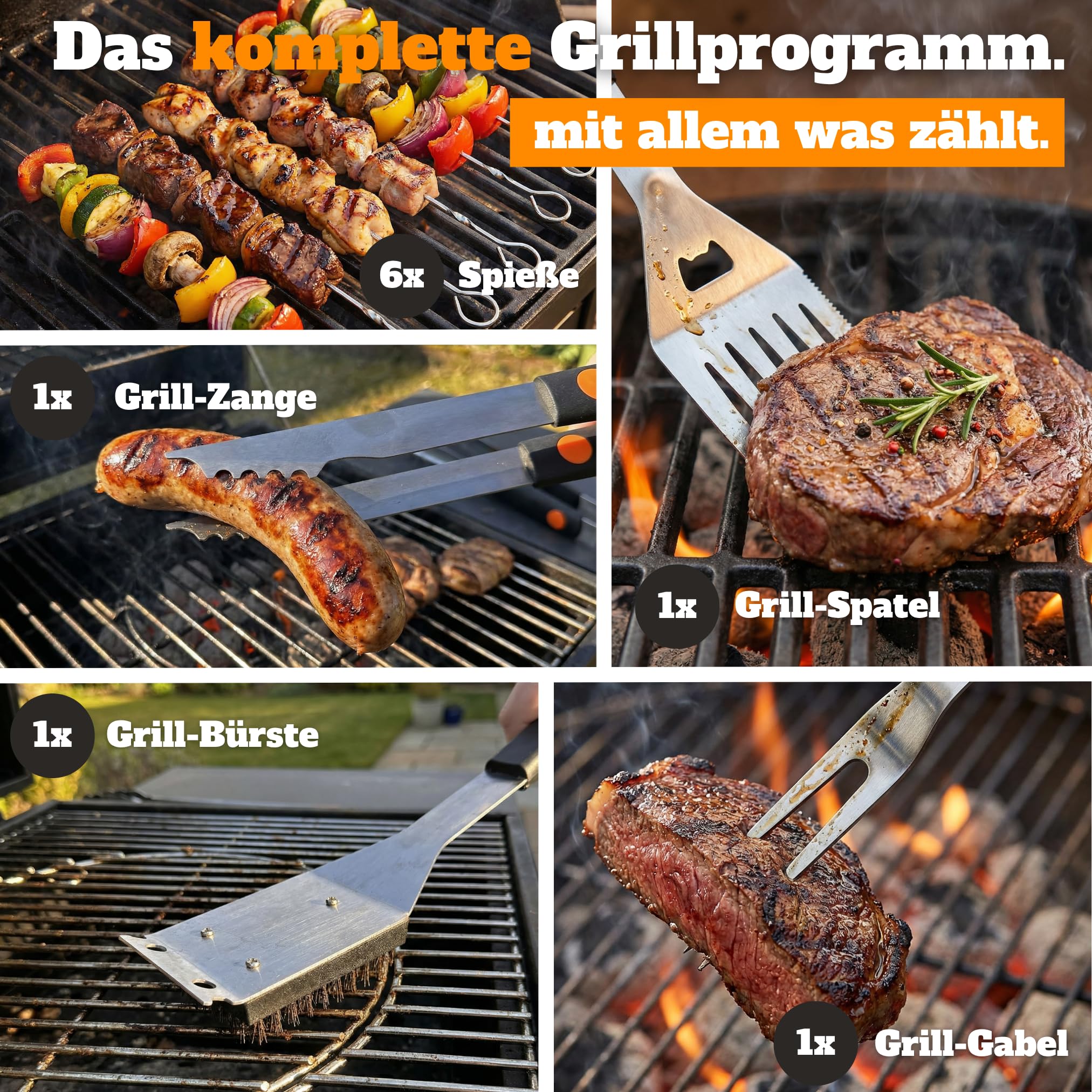 Grillkoffer Grillset für Männer - Grill Set mit Metallkoffer aus Edelstahl, Grillbesteck & Grill Zubehör, 3 in 1 Wender mit Flaschenöffner und Schneidekante 5