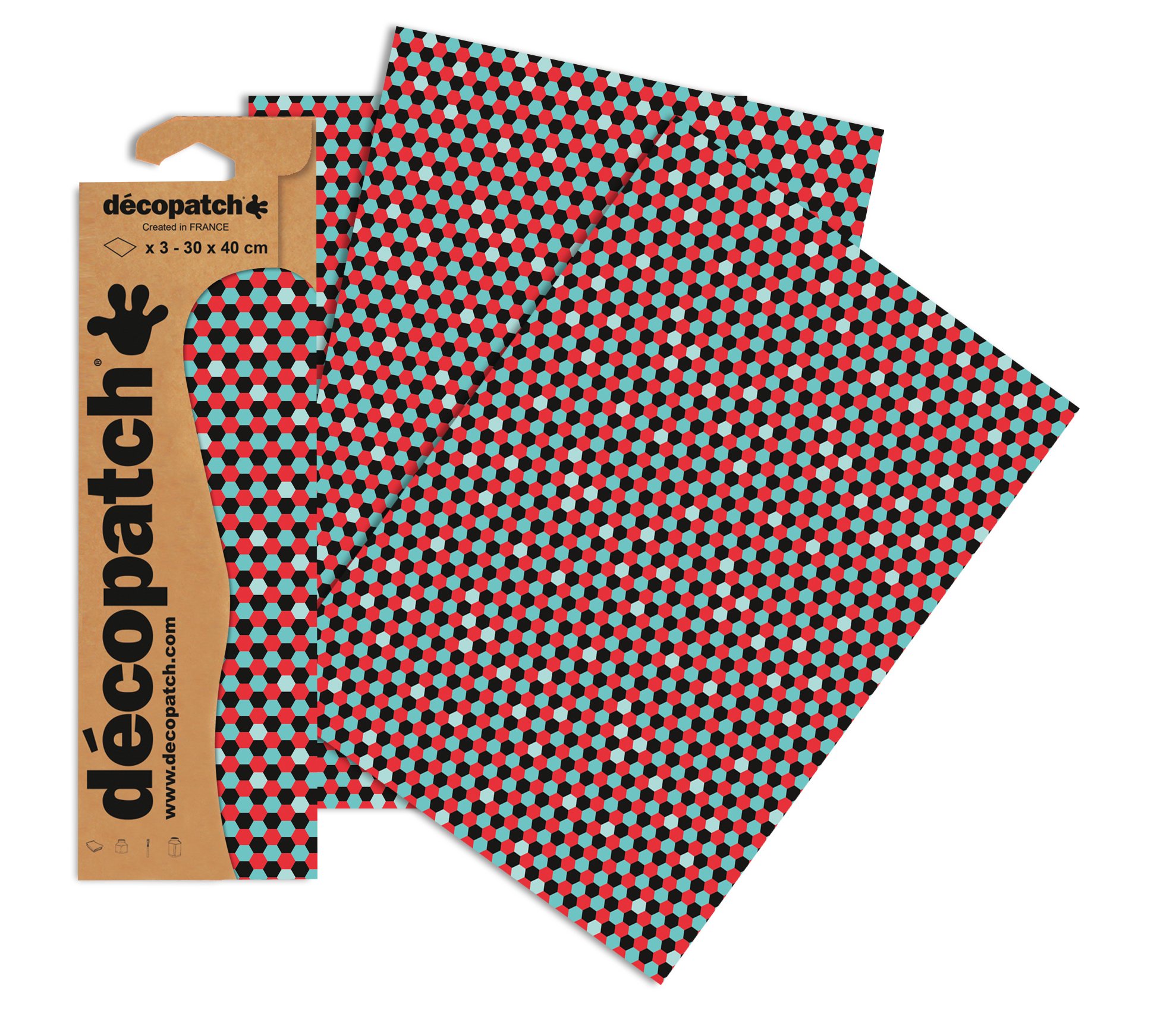 Décopatch C719O - A pocket of 3 sheets of printed paper 30x40 cm, Blue, red, black dots - DIY - Customisable Décor - Completely Personalise - Creative Leisure