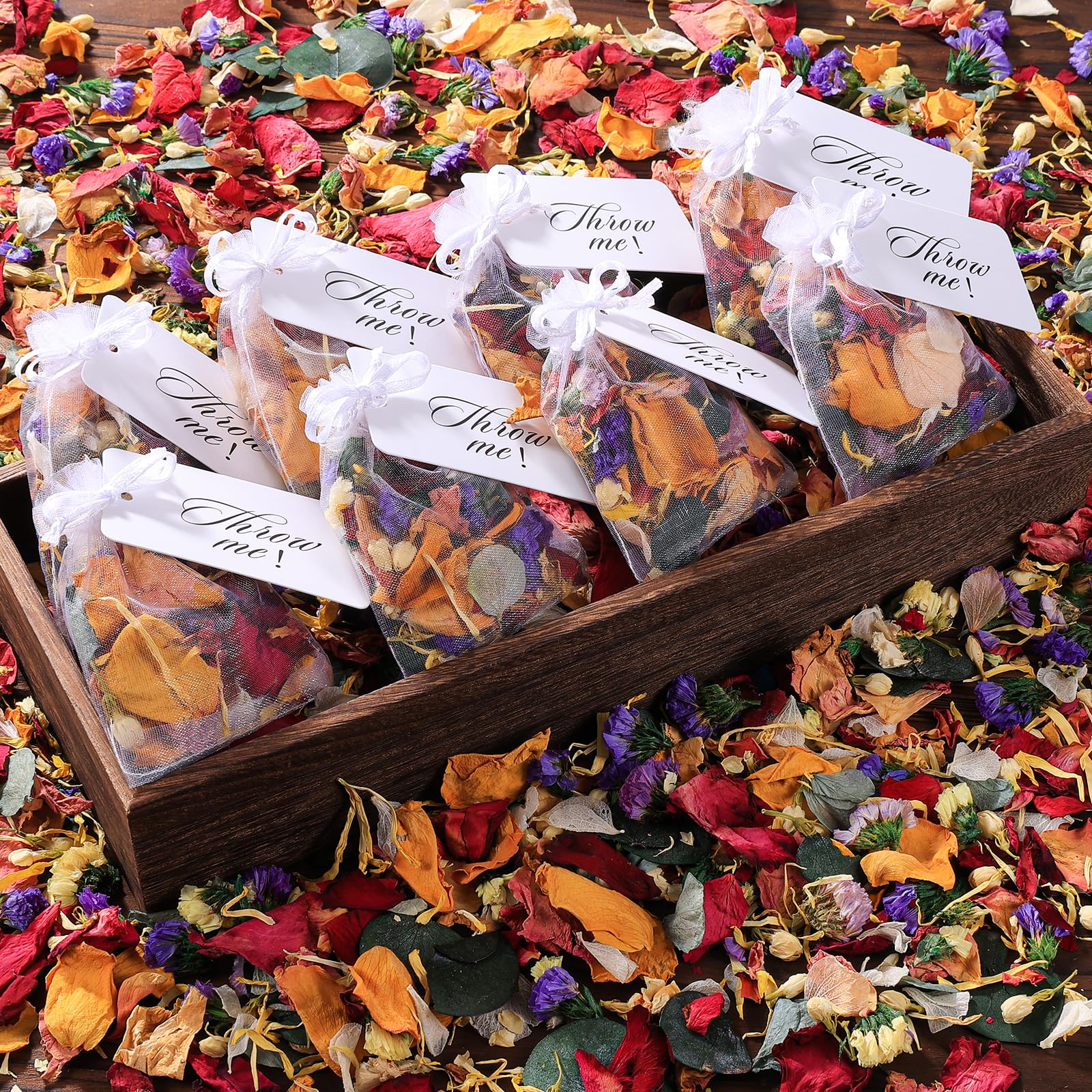 Photo 1 of 50 Set Flower Petals for Wedding Biodegradable Confetti with 50 Organza Bag and 50 Printed "Thow Me" Card Wedding Toss Dried Flowers Petals Throw Confetti for Flower Girls Wedding Send Off Exit Items