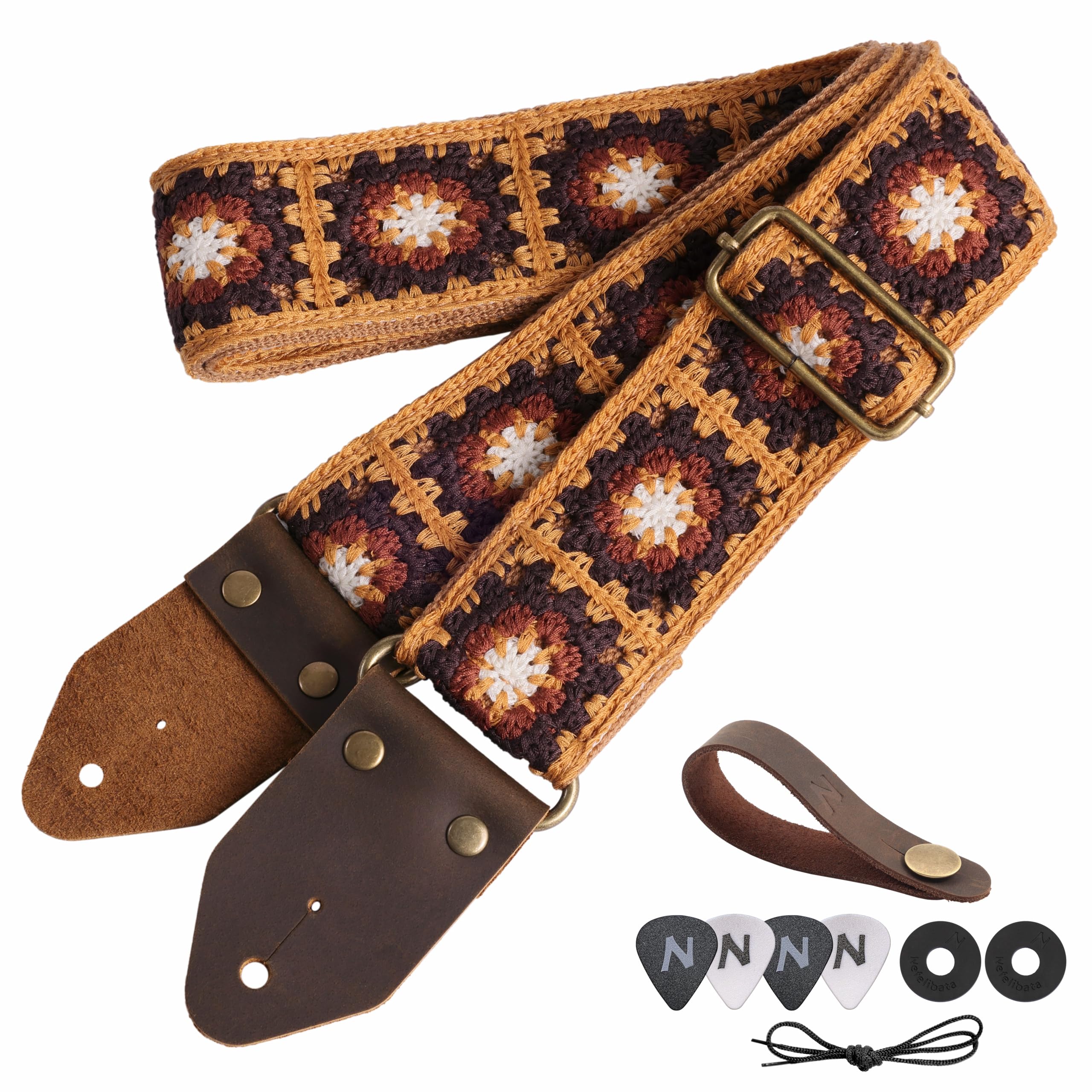 Nefelibata Guitar Strap,Crazy Horse Leather Jacquard Embroidery Cotton Guitar Straps for Bass, Electric & Acoustic, Best Gifts for Guitarists(Sunflower Yellow Embroidery)