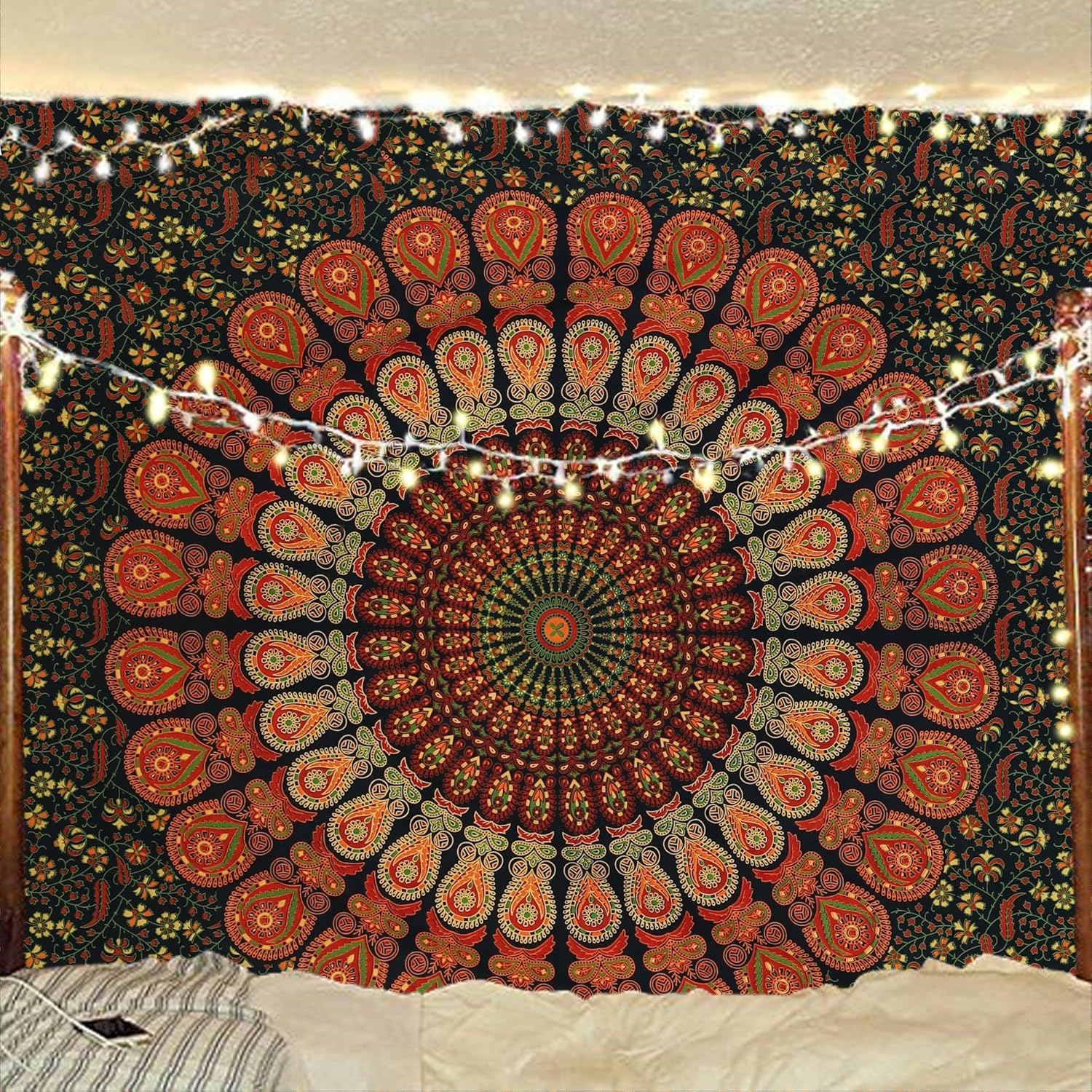 Tapestries - Bless International Handmade Indian hippie Bohemian Psychedelic Peacock Mandala Wall hanging College Dorm Beach Throws Table Cloth Bedding Tapestry (Golden Green, Twin(54x72Inches)(140x185cms))