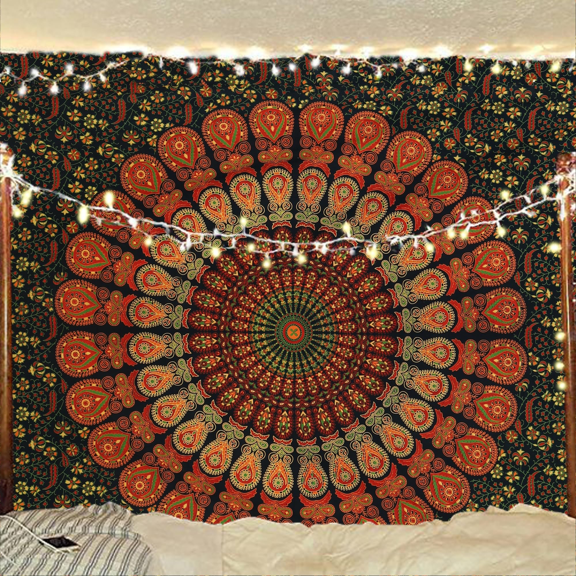 Bless International Indian hippie Bohemian Psychedelic Peacock Mandala Wall hanging Bedding Tapestry (Golden Green, 182.88L X 137.16W cm)