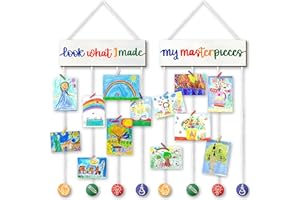 STOFINITY Kids Art Display for Wall - Children Artwork Display for Kids Art Hanger, Look What I Made Sign With Clips, Wood Hanging Child Picture, Art Work Storage Board for Bedroom Playroom Classroom