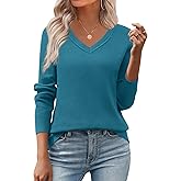 Zeagoo Women's 2026 Fall V Neck Sweater Trendy Long Sleeve Casual Lightweight Ribbed Knit Pullover Tops