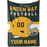 Personalized Football Throw Blanket for Kids and Adults | Warm and Soft Plush | American Football Custom Fan Gift with Helmet Number, Name, City, and Team Colors (50x60 Fleece - Green Bay)
