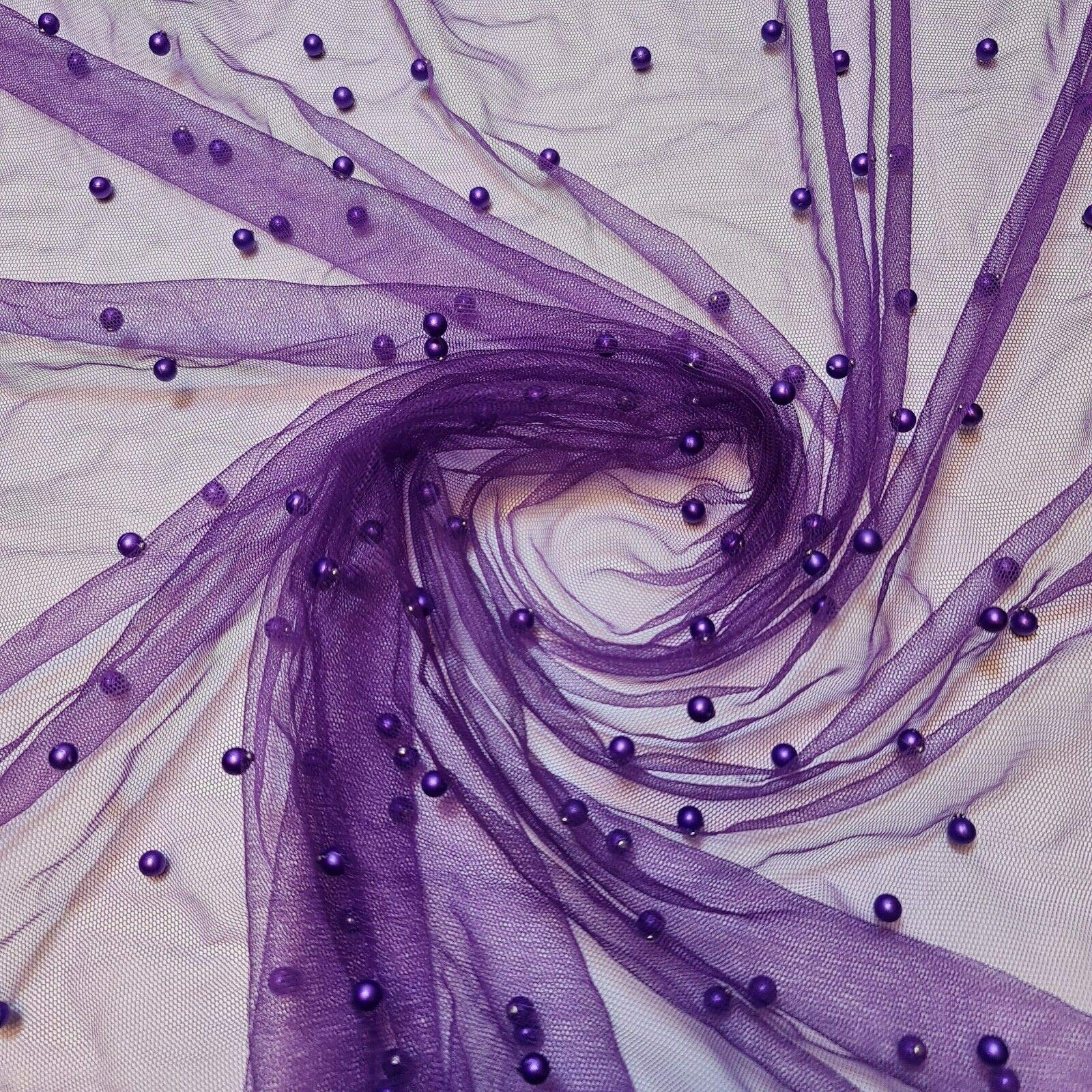Textile Station 58" Wide Tulle Beaded Pearl Lace Net Fabric Bridal Veil Wedding Backdrop Décor Available in 25 Colours (C Purple, 2 Meter)