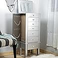 Alveare Home Helena Standing Jewelry Armoire – Elegant Storage with 6 Drawers, Jewel Knobs, Mirror, Ring Rolls, Necklace Hooks & Cord Management – Silver Finish