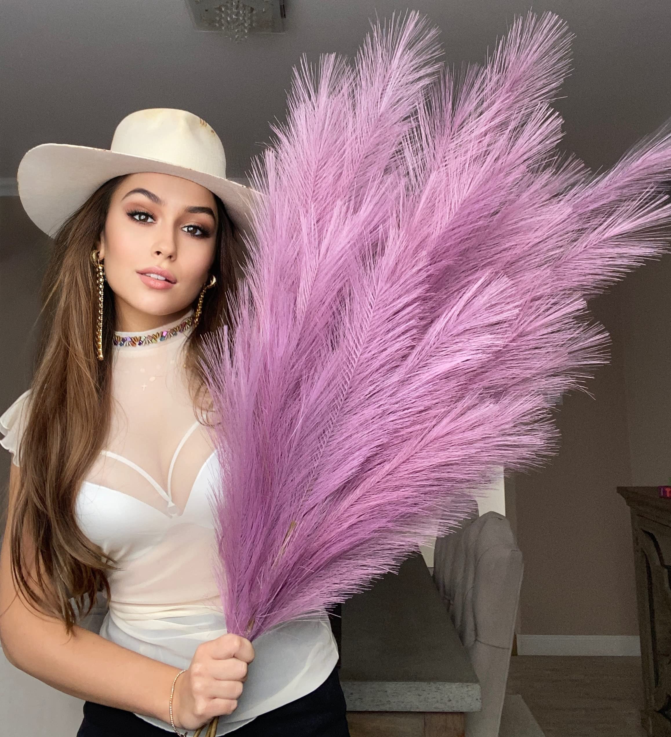 VOULUX Extra Large Tall Purple Lilac Fake Faux Artificial Pampas Grass Large Fluffy x3 115cm Stems x18 Decorative Artificial Flora Feathers For Floor Vases Tall Purple Plant Flowers Long Pampas Grass โ image 1