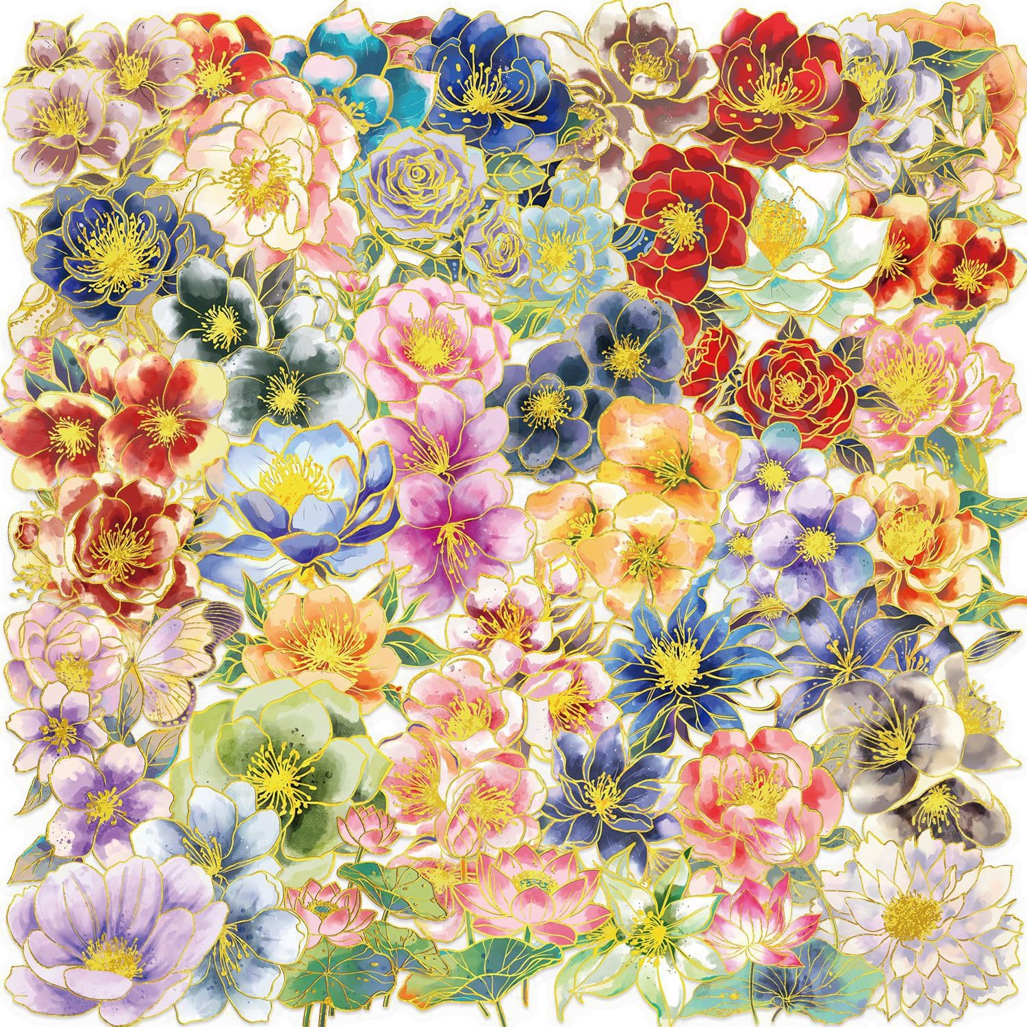 Die-Cut Flower Stickers - Transparent Gold Foil Scrapbooking Stickers, Vintage Flower Stickers for Journaling, Card Making