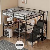Metal Full Size Loft Bed with L-Shaped Gaming Desk &amp; Storage Staircase | Loft Bed Full Size with LED Light, Charging Station, Storage Steps, Wardrob and Convertible Staircase for Teen/Adult Bedroom