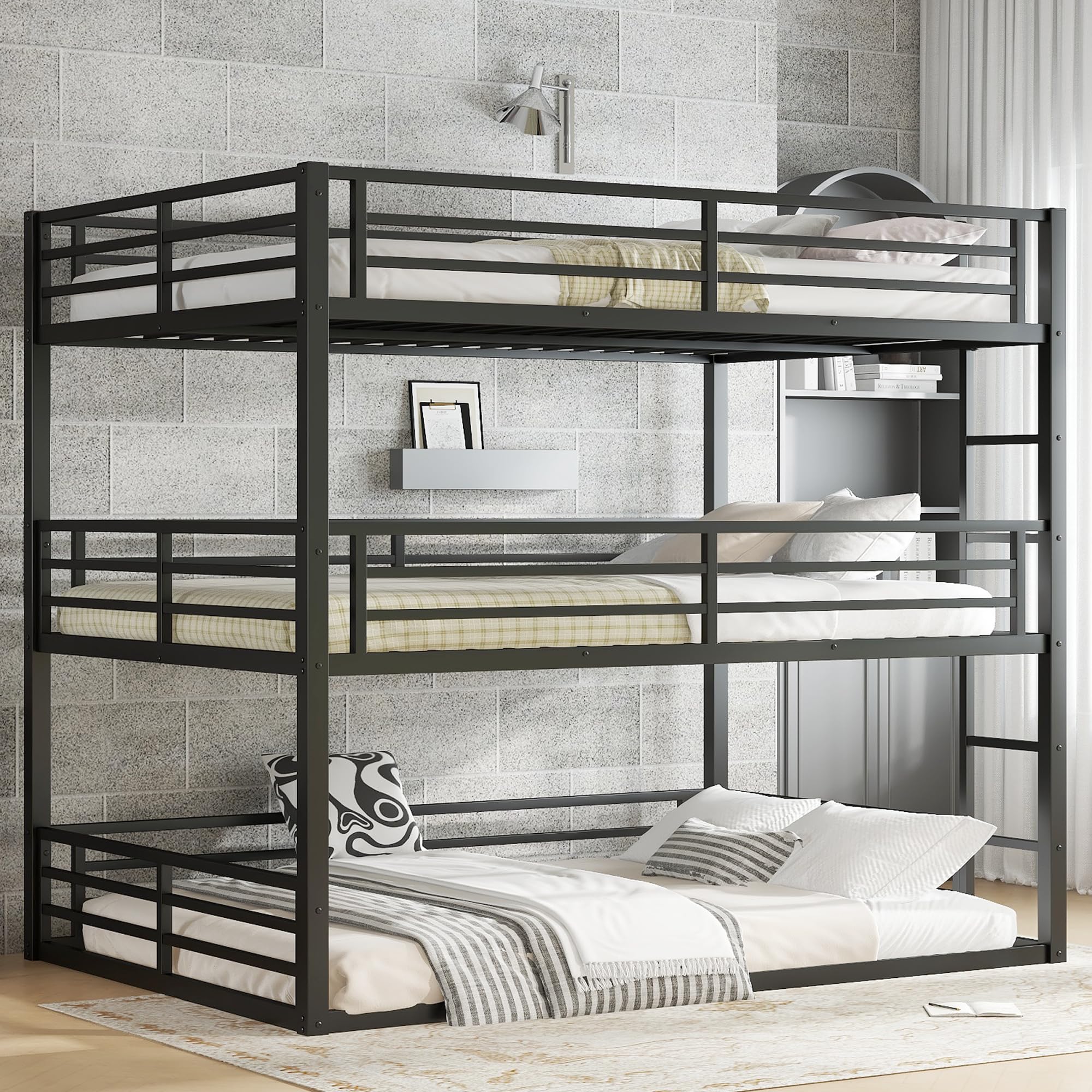 Photo 1 of *** FRAME ONLY NO MATTRESS *** Bellemave Heavy Duty Triple Bunk Bed for Multiple Kids,Queen Over Queen Over Queen Size Bunk Beds with Storage Board for 3 Kids,Metal Triple Bed for Boys Girls,Black